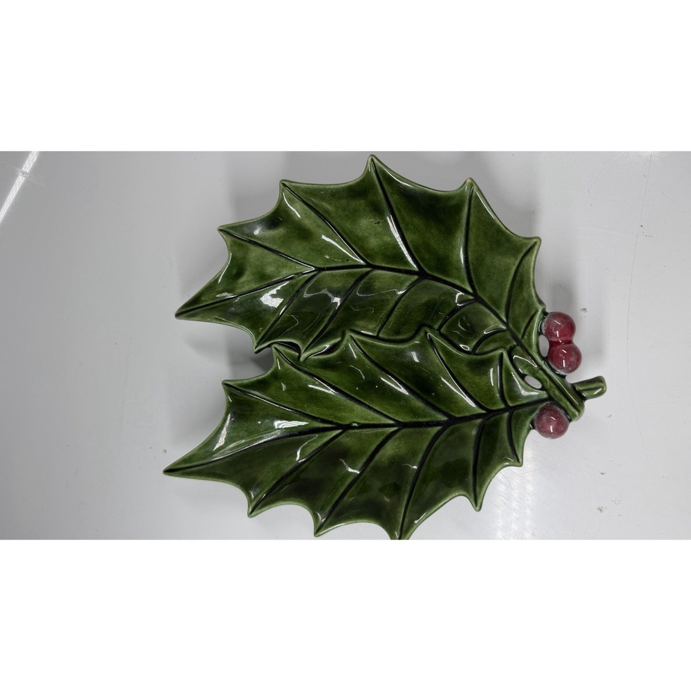 Atlantic Mold Christmas Holly Candy Dish 9" Green Leaves Red Berries Vintage